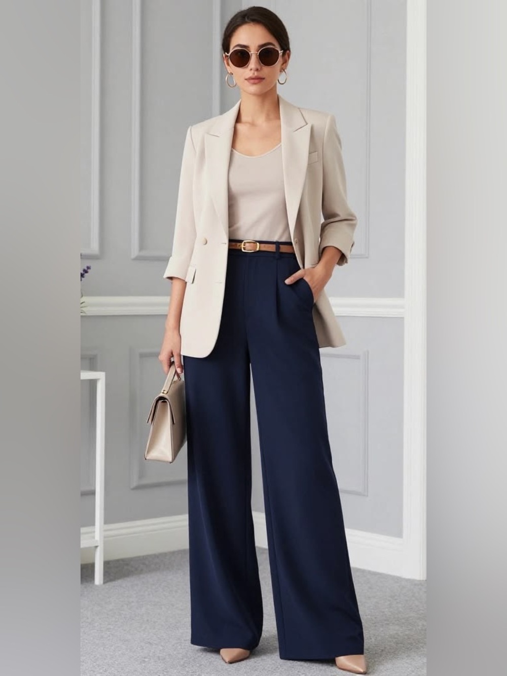 High-Rise Wide-Leg Navy Dress Pants - Women
